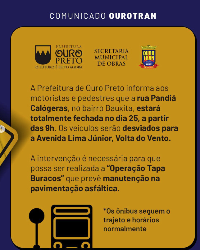 Operação Tapa Buraco: rua será interditada nesta sexta (25) em Ouro Preto