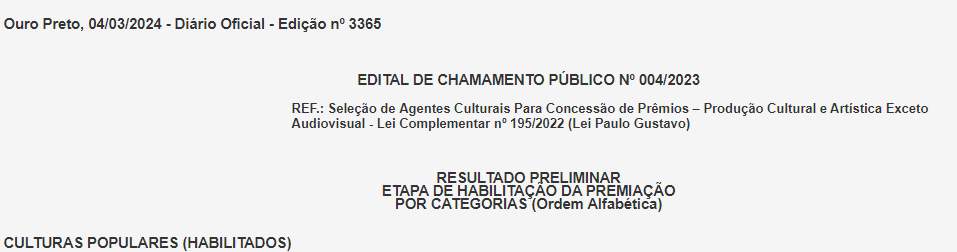 Prefeitura de Ouro Preto divulga lista de habilitados para editais da Lei Paulo Gustavo
