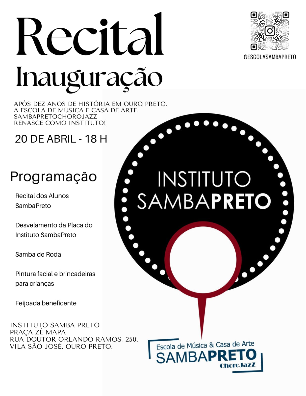 Recital de inauguração do instituto Samba Preto acontece hoje (20) em Ouro Preto