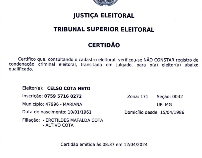 Celso Cota está apto no TSE e concorrerá à reeleição em Mariana